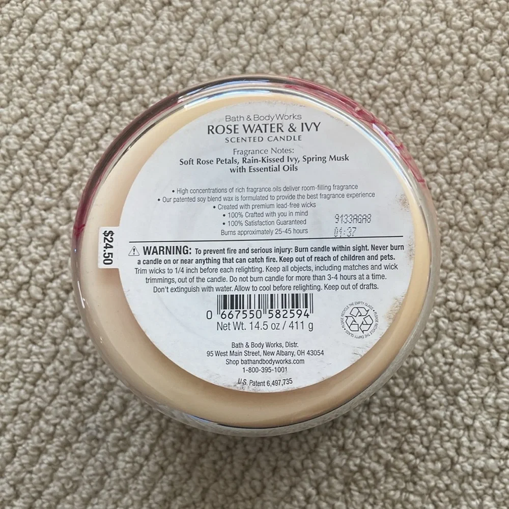 NEW Bath & Body Works Rose Water & Ivy Scented Three Wick Candle White Barn